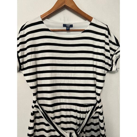 Chaps Black White Striped Midi Dress Stretchy Faux Wrap Lined Knee Length Small - Picture 3 of 11